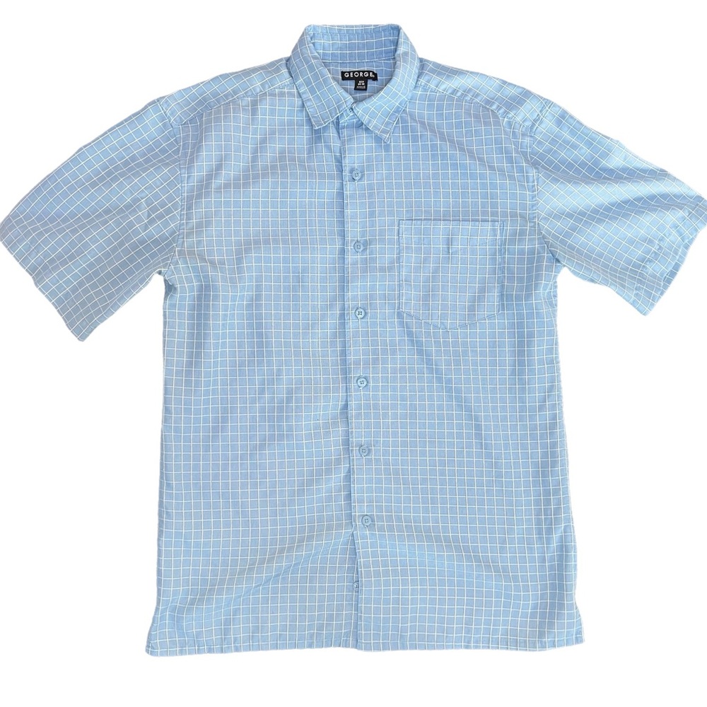 George Mens Shirt Short Sleeve Button Down Blue White Size Small 34 36